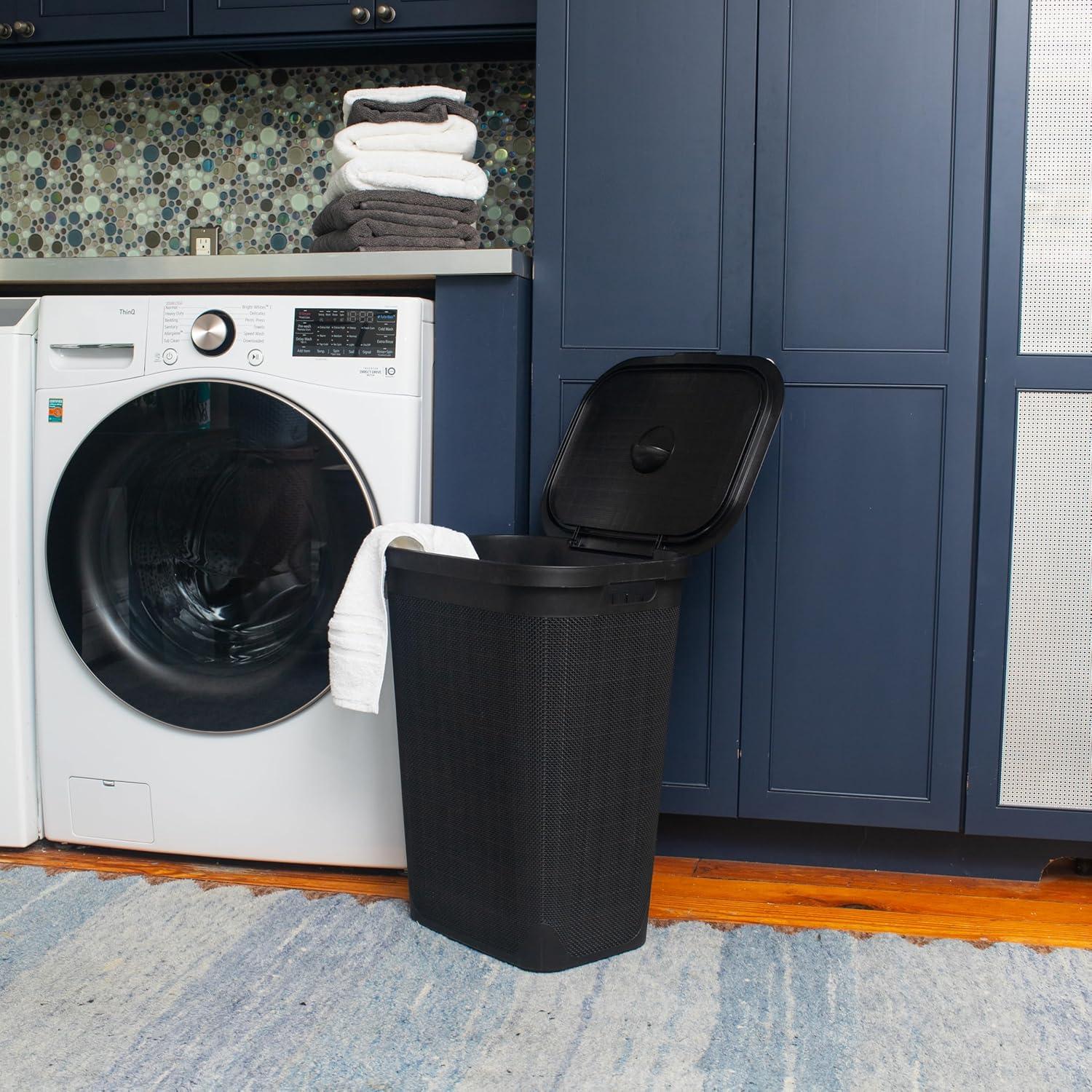imageMind Reader 60L Slim Laundry Hamper Clothes Basket Lid Linen Design Plastic IvoryBlack
