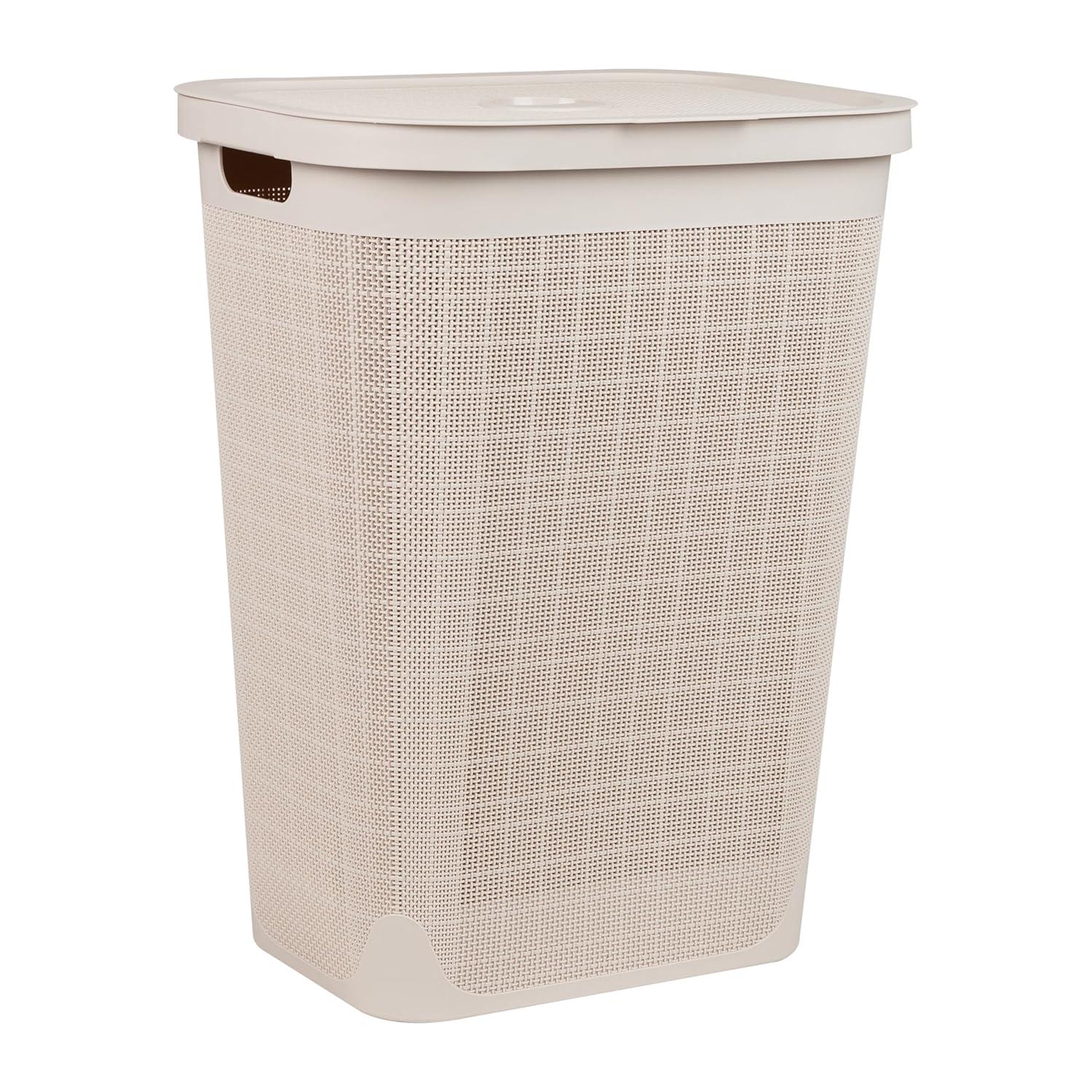 imageMind Reader 60L Slim Laundry Hamper Clothes Basket Lid Linen Design Plastic IvoryIvory