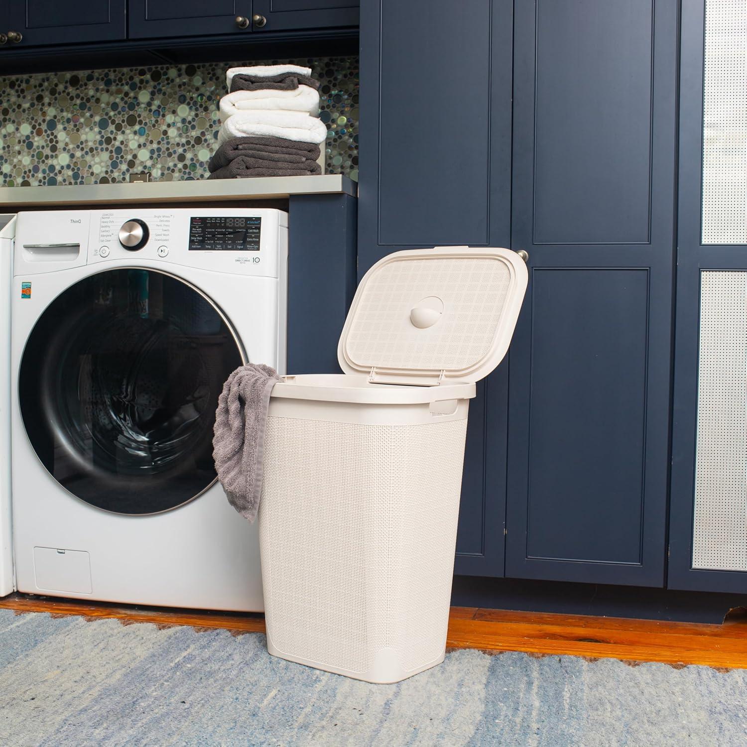 imageMind Reader 60L Slim Laundry Hamper Clothes Basket Lid Linen Design Plastic IvoryIvory