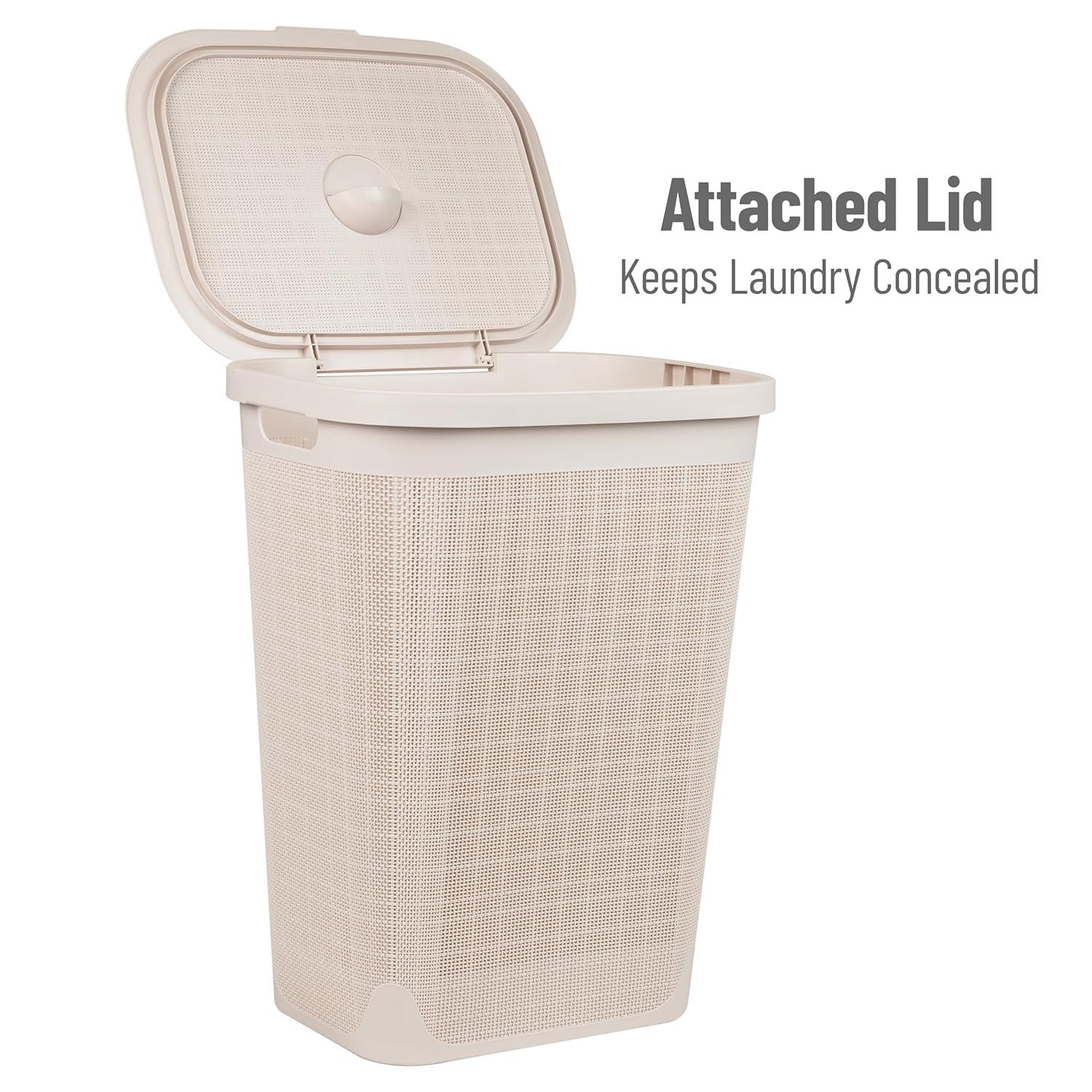 imageMind Reader 60L Slim Laundry Hamper Clothes Basket Lid Linen Design Plastic IvoryIvory