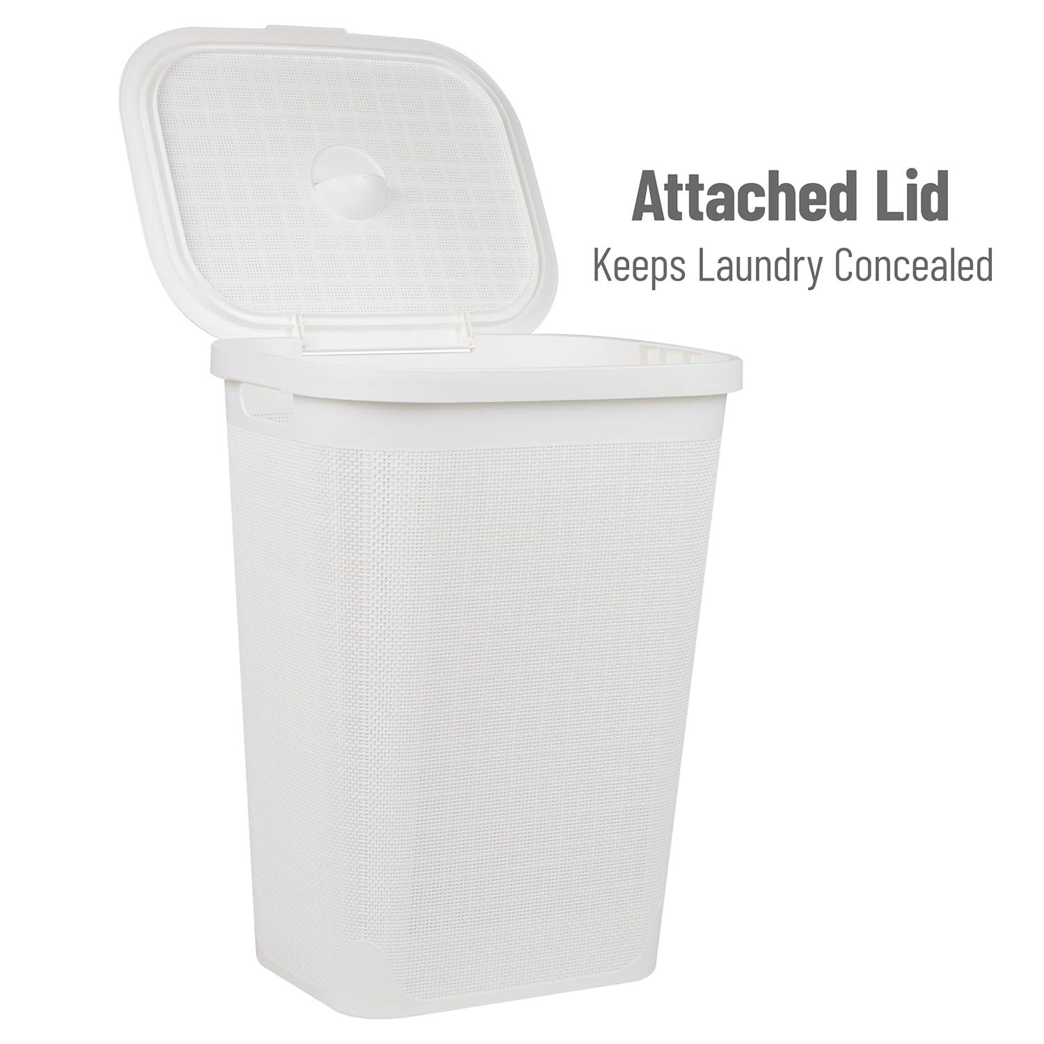 imageMind Reader 60L Slim Laundry Hamper Clothes Basket Lid Linen Design Plastic IvoryWhite