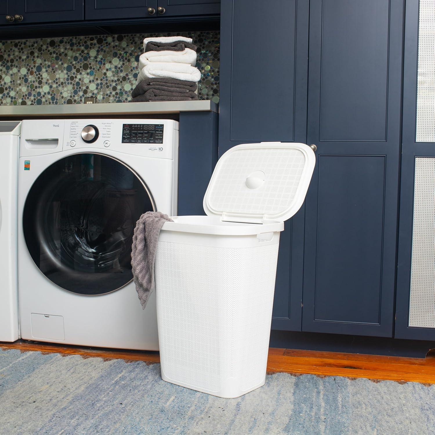imageMind Reader 60L Slim Laundry Hamper Clothes Basket Lid Linen Design Plastic IvoryWhite