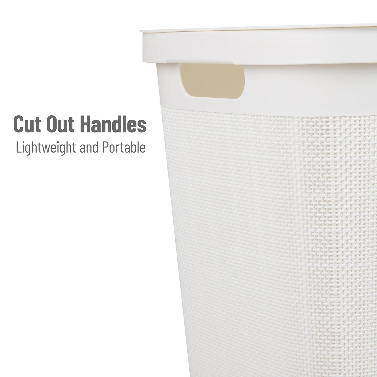 imageMind Reader 60L Slim Laundry Hamper Clothes Basket Lid Linen Design Plastic IvoryWhite