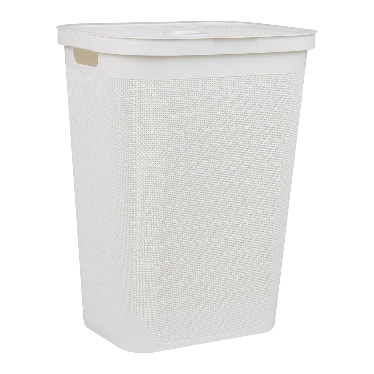 imageMind Reader 60L Slim Laundry Hamper Clothes Basket Lid Linen Design Plastic IvoryWhite