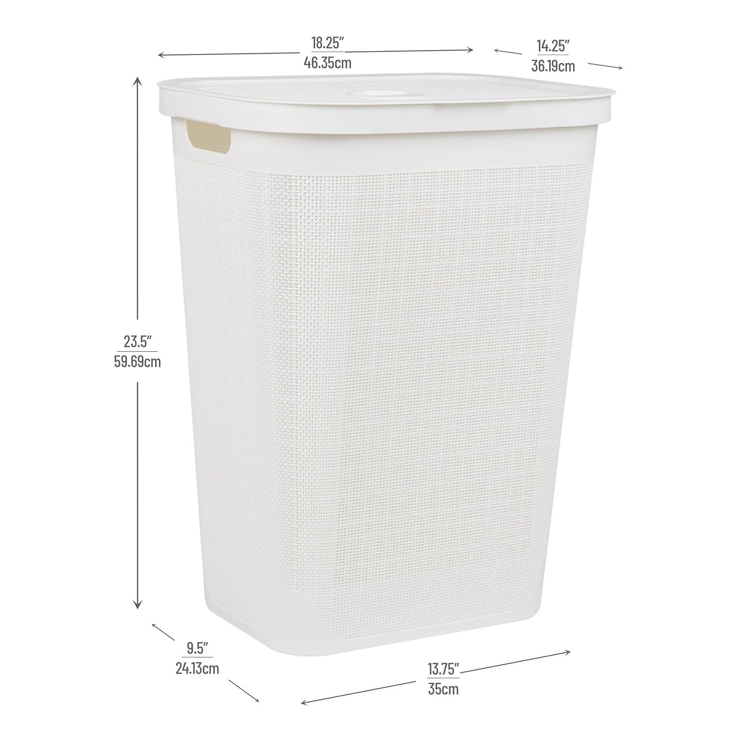 imageMind Reader 60L Slim Laundry Hamper Clothes Basket Lid Linen Design Plastic IvoryWhite