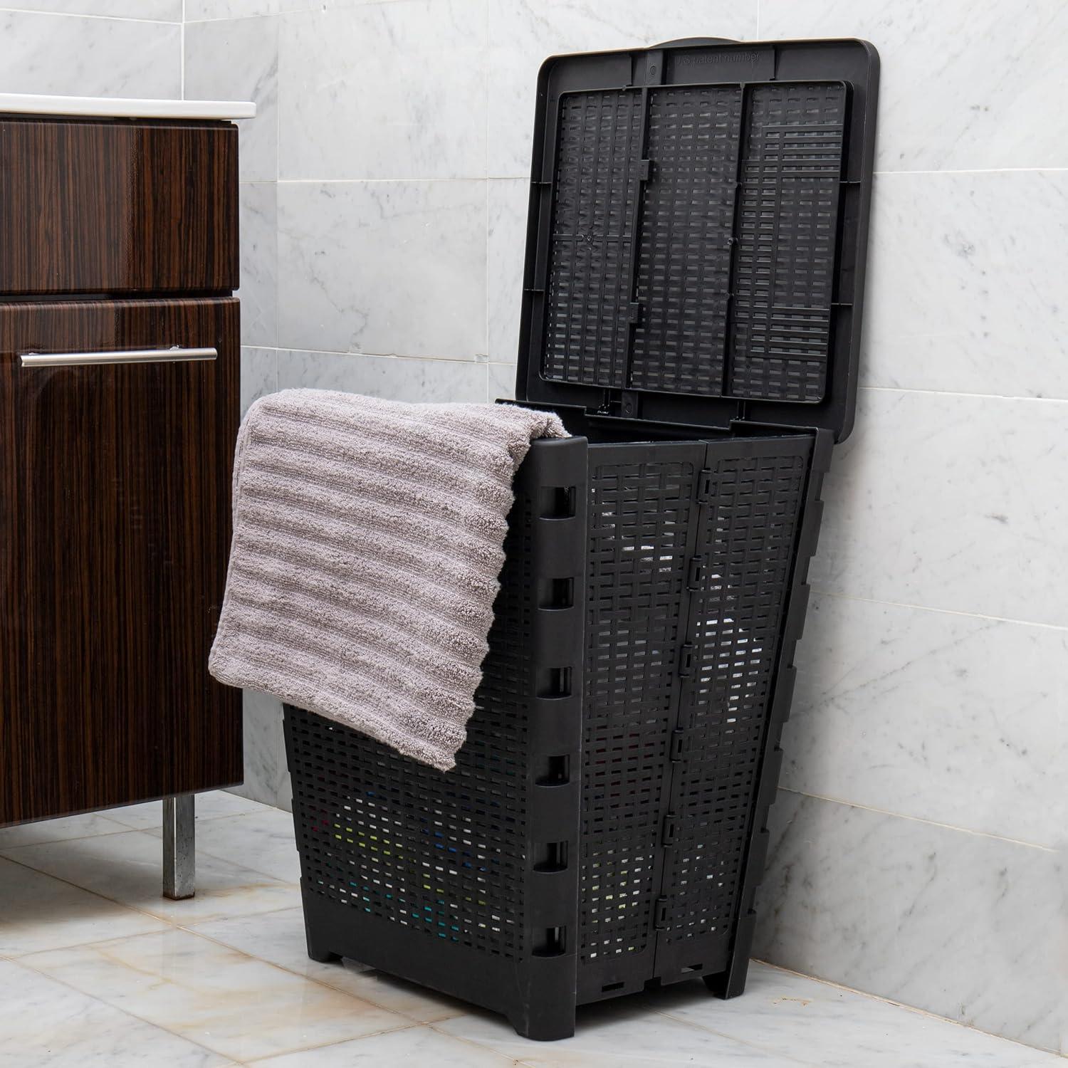 imageMind Reader 61L Foldable Laundry Hamper Clothes Basket Lid Wicker Design Plastic 18L x 145W x 2125H TanBlack