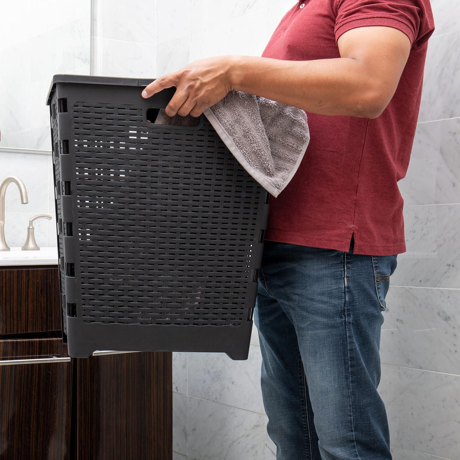 imageMind Reader 61L Foldable Laundry Hamper Clothes Basket Lid Wicker Design Plastic 18L x 145W x 2125H TanBlack