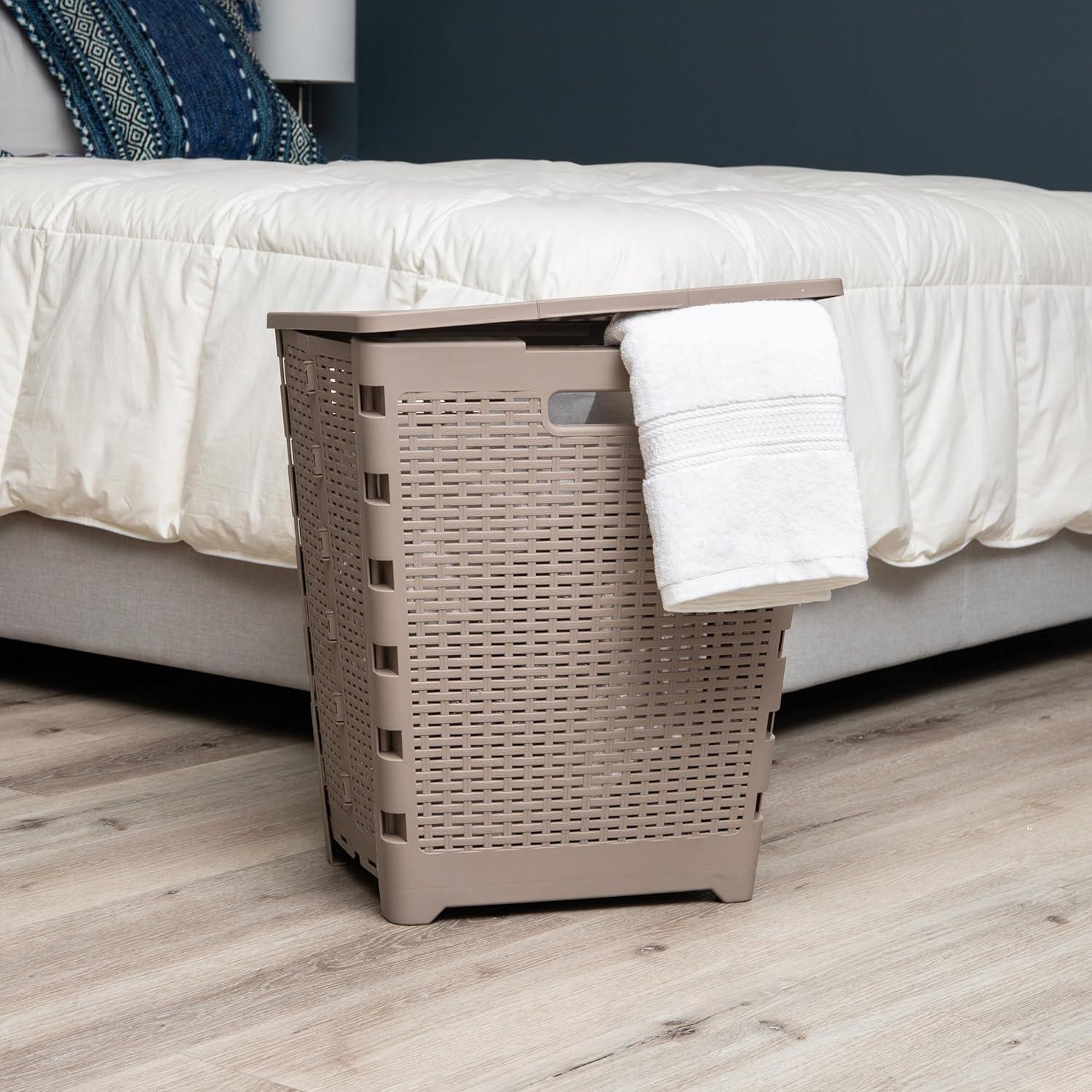 imageMind Reader 61L Foldable Laundry Hamper Clothes Basket Lid Wicker Design Plastic 18L x 145W x 2125H TanTan