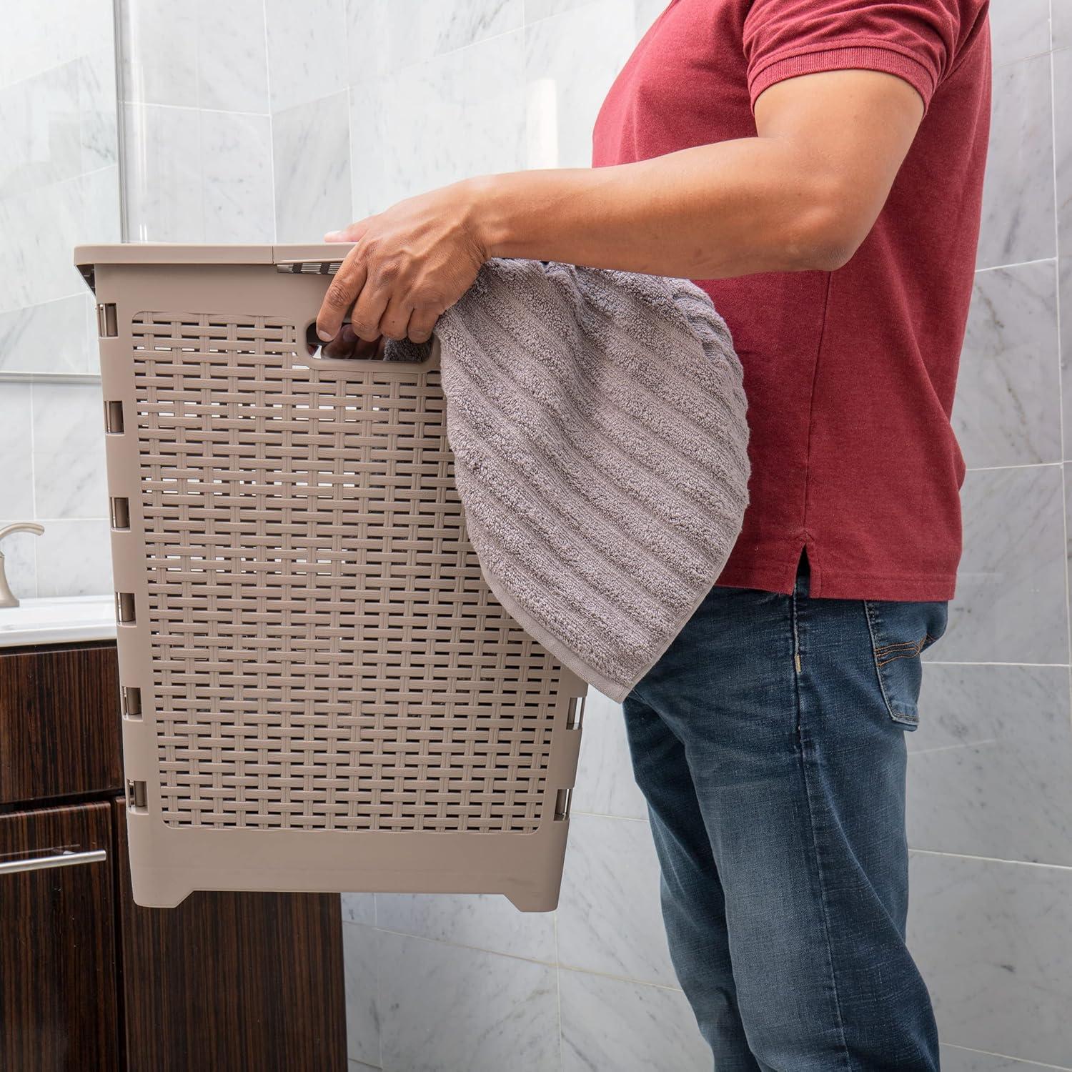imageMind Reader 61L Foldable Laundry Hamper Clothes Basket Lid Wicker Design Plastic 18L x 145W x 2125H TanTan