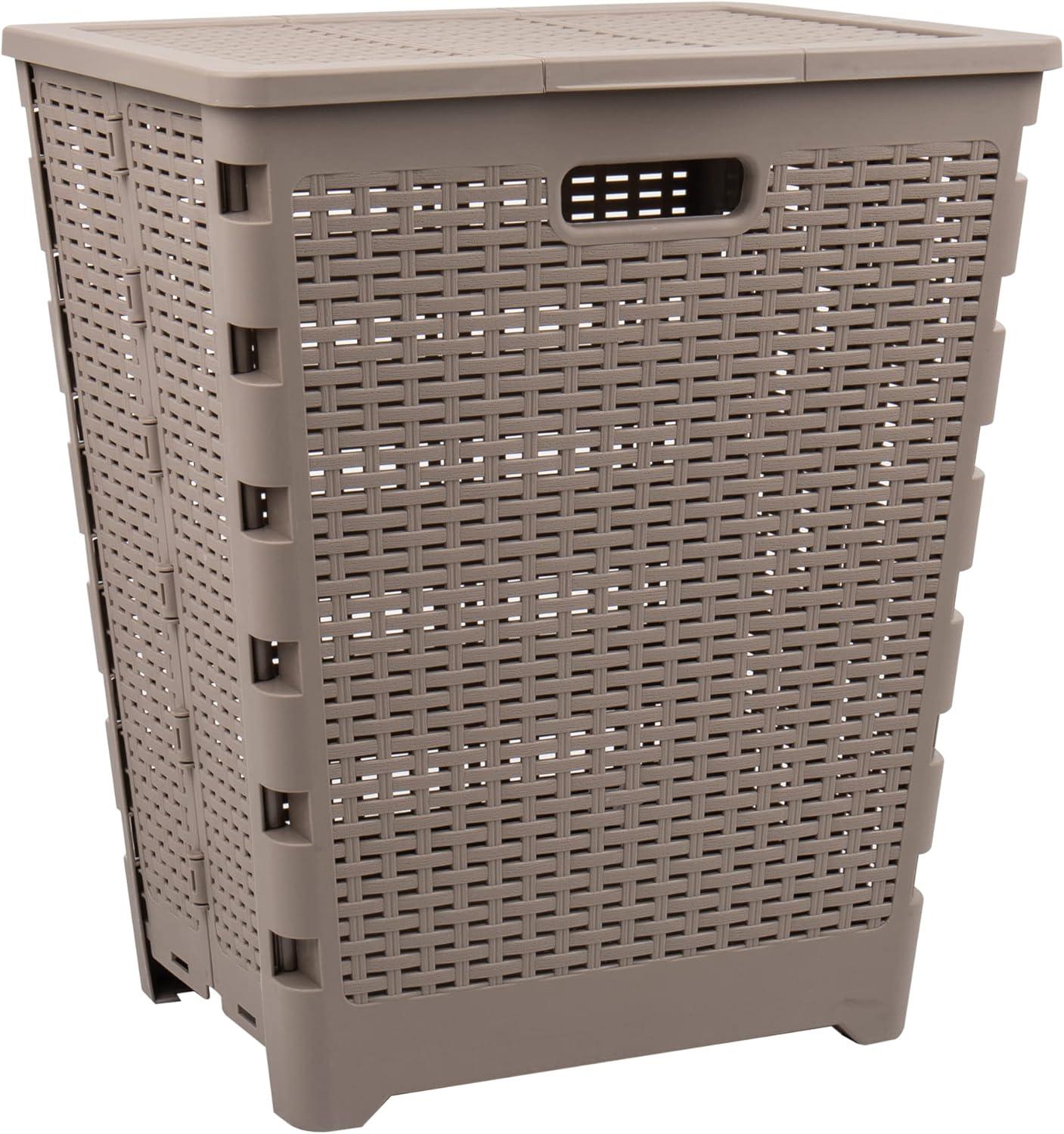 imageMind Reader 61L Foldable Laundry Hamper Clothes Basket Lid Wicker Design Plastic 18L x 145W x 2125H TanTan