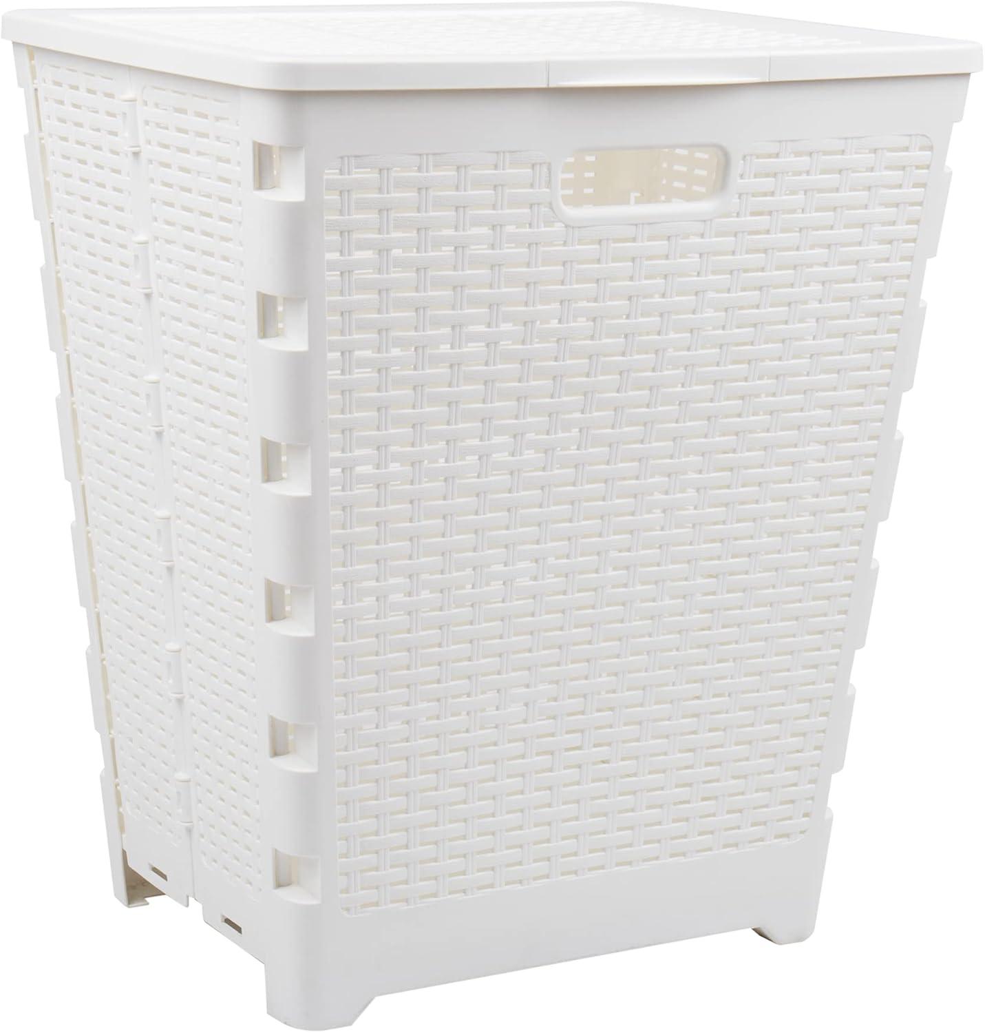 imageMind Reader 61L Foldable Laundry Hamper Clothes Basket Lid Wicker Design Plastic 18L x 145W x 2125H TanWhite