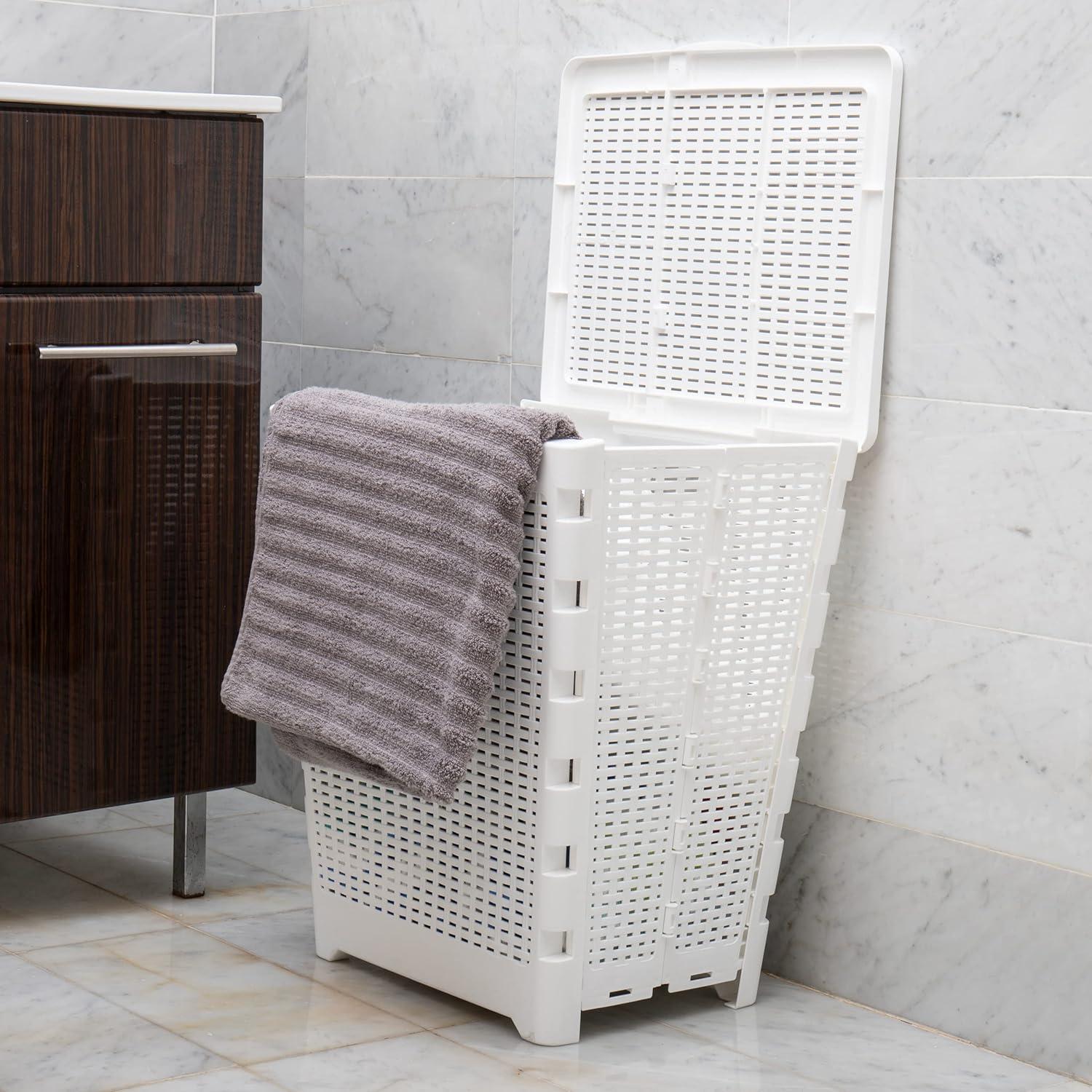 imageMind Reader 61L Foldable Laundry Hamper Clothes Basket Lid Wicker Design Plastic 18L x 145W x 2125H TanWhite