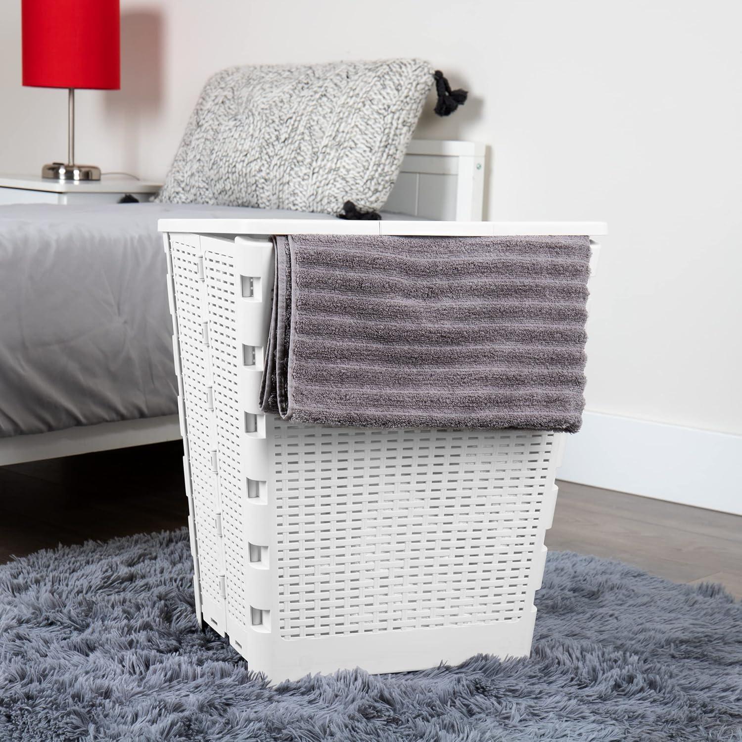 imageMind Reader 61L Foldable Laundry Hamper Clothes Basket Lid Wicker Design Plastic 18L x 145W x 2125H TanWhite