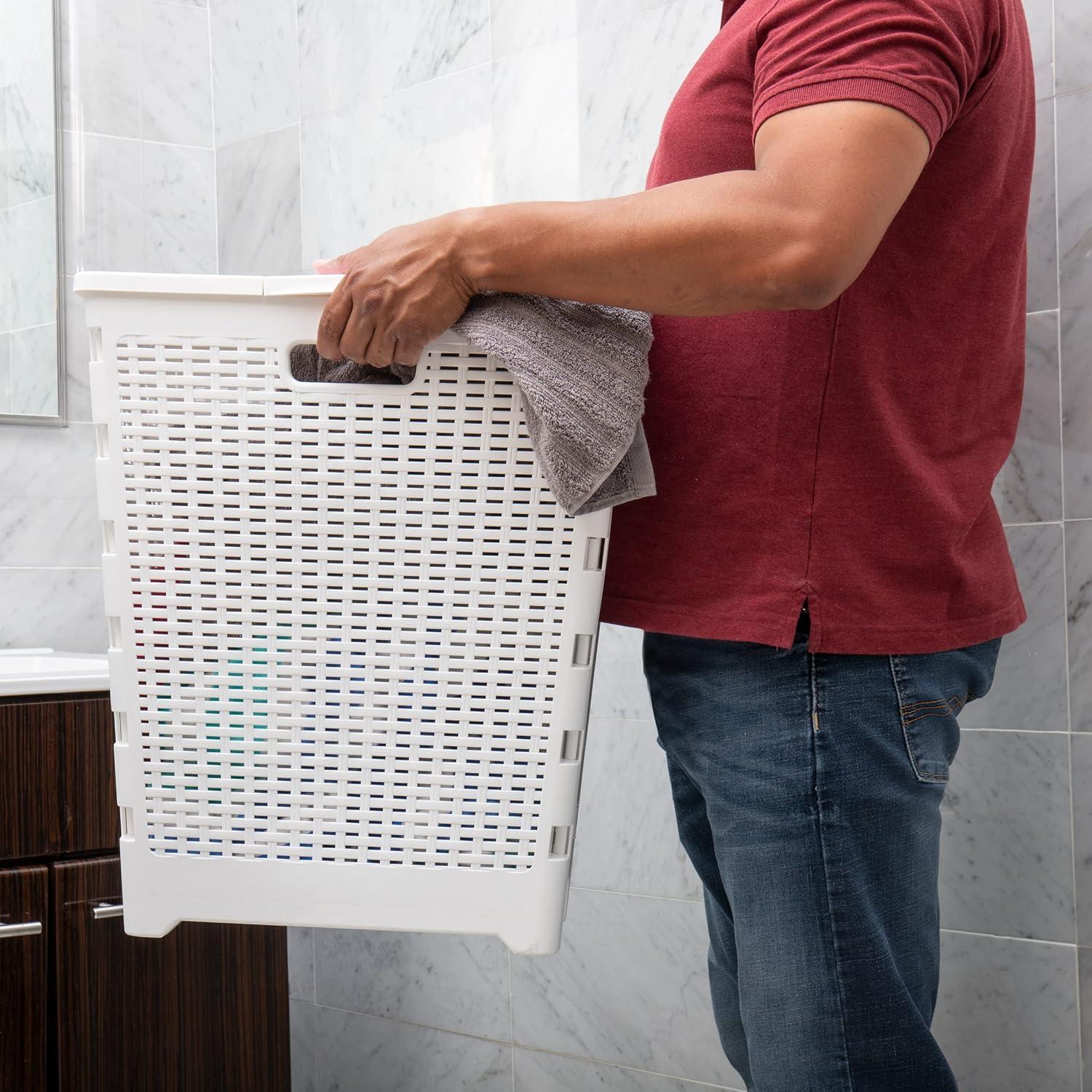 imageMind Reader 61L Foldable Laundry Hamper Clothes Basket Lid Wicker Design Plastic 18L x 145W x 2125H TanWhite