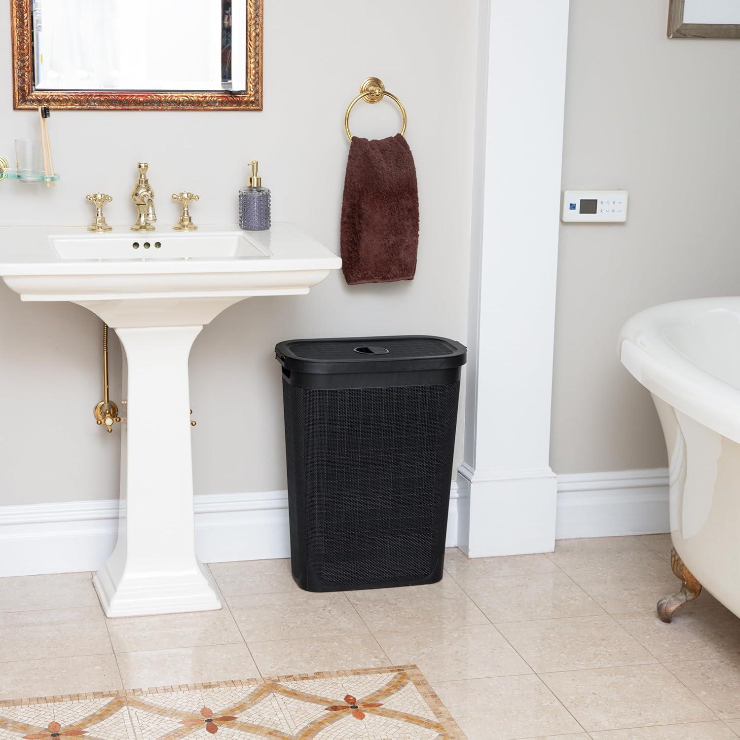 imageMind Reader Slim Laundry Hamper with Lid 40L Clothes Basket Linen Design Plastic BlackBlack