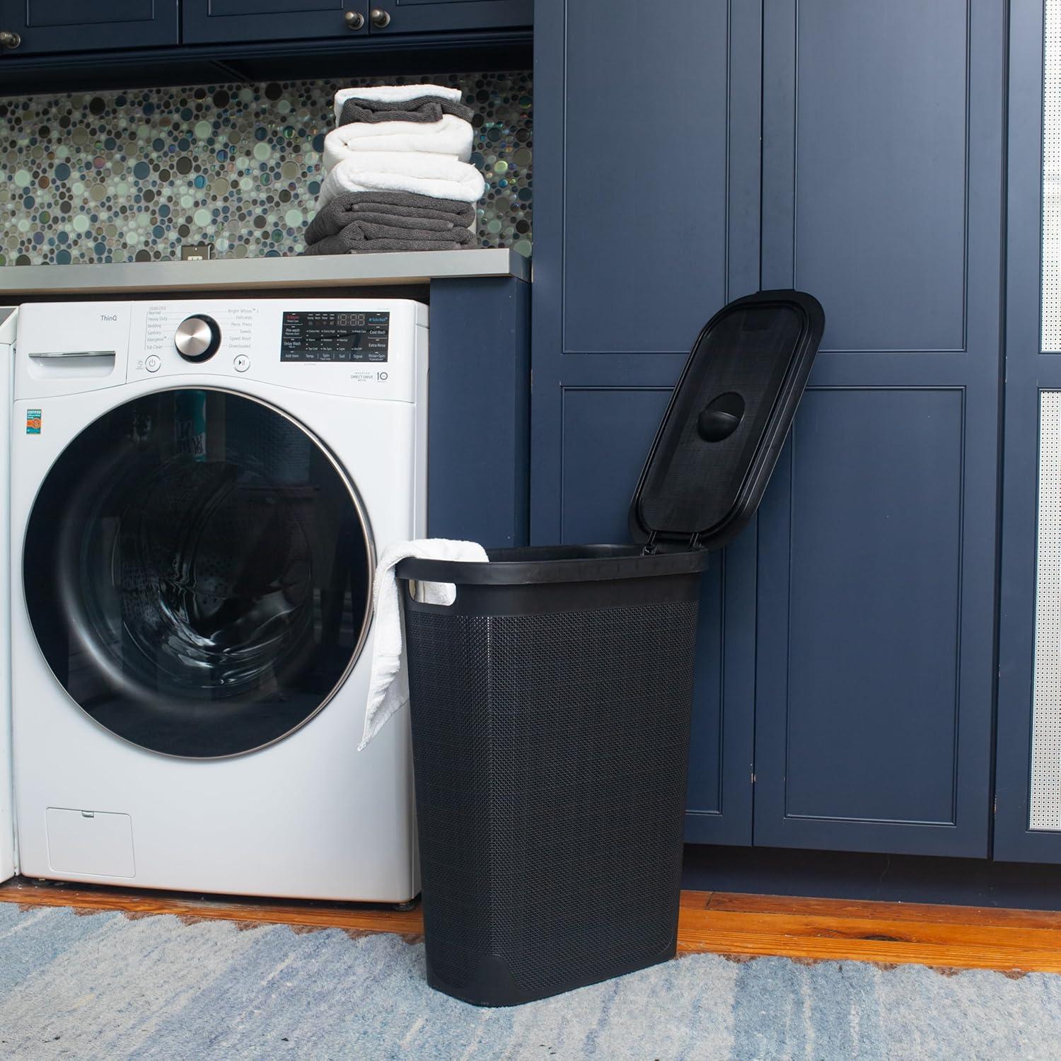 imageMind Reader Slim Laundry Hamper with Lid 40L Clothes Basket Linen Design Plastic BlackBlack