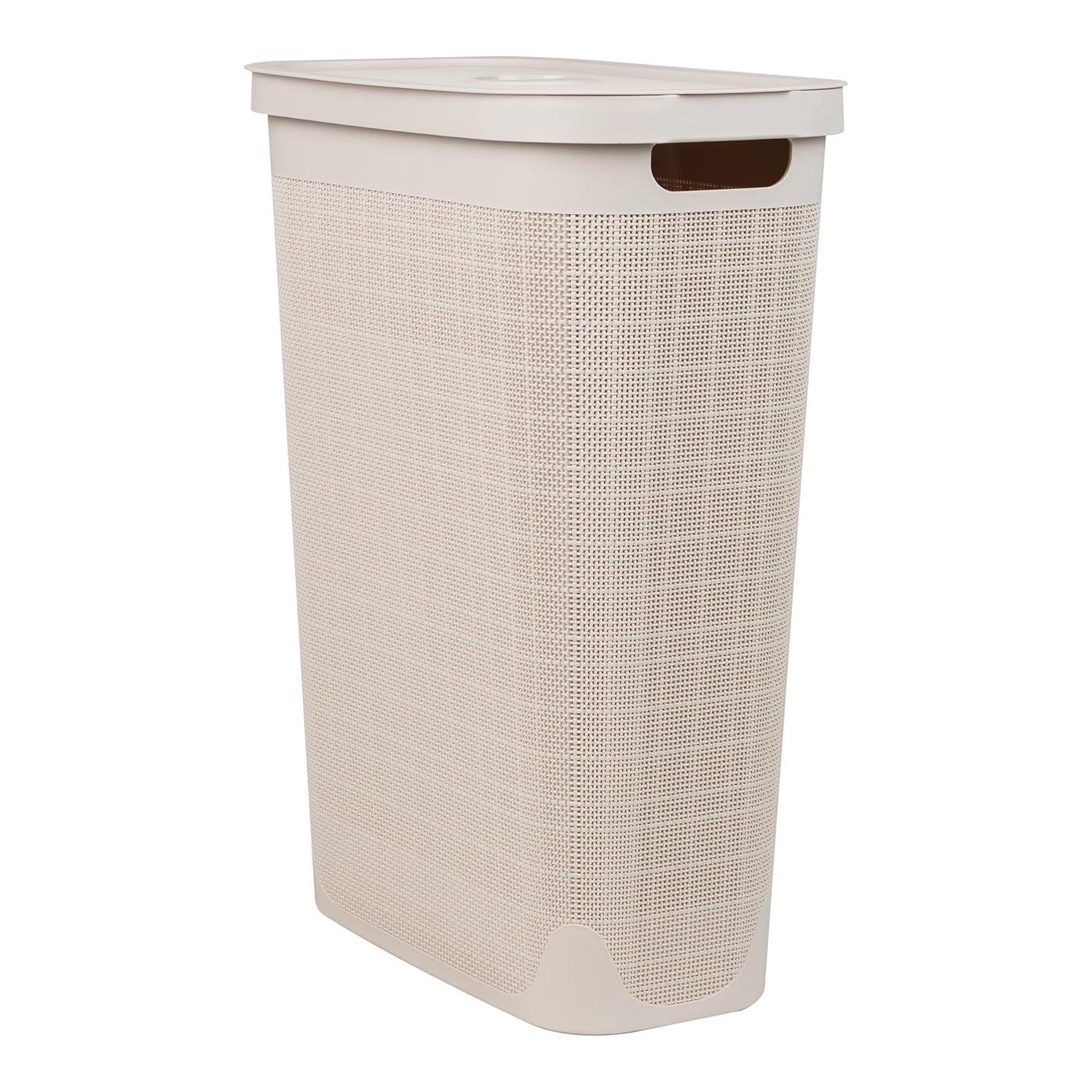 imageMind Reader Slim Laundry Hamper with Lid 40L Clothes Basket Linen Design Plastic BlackIvory