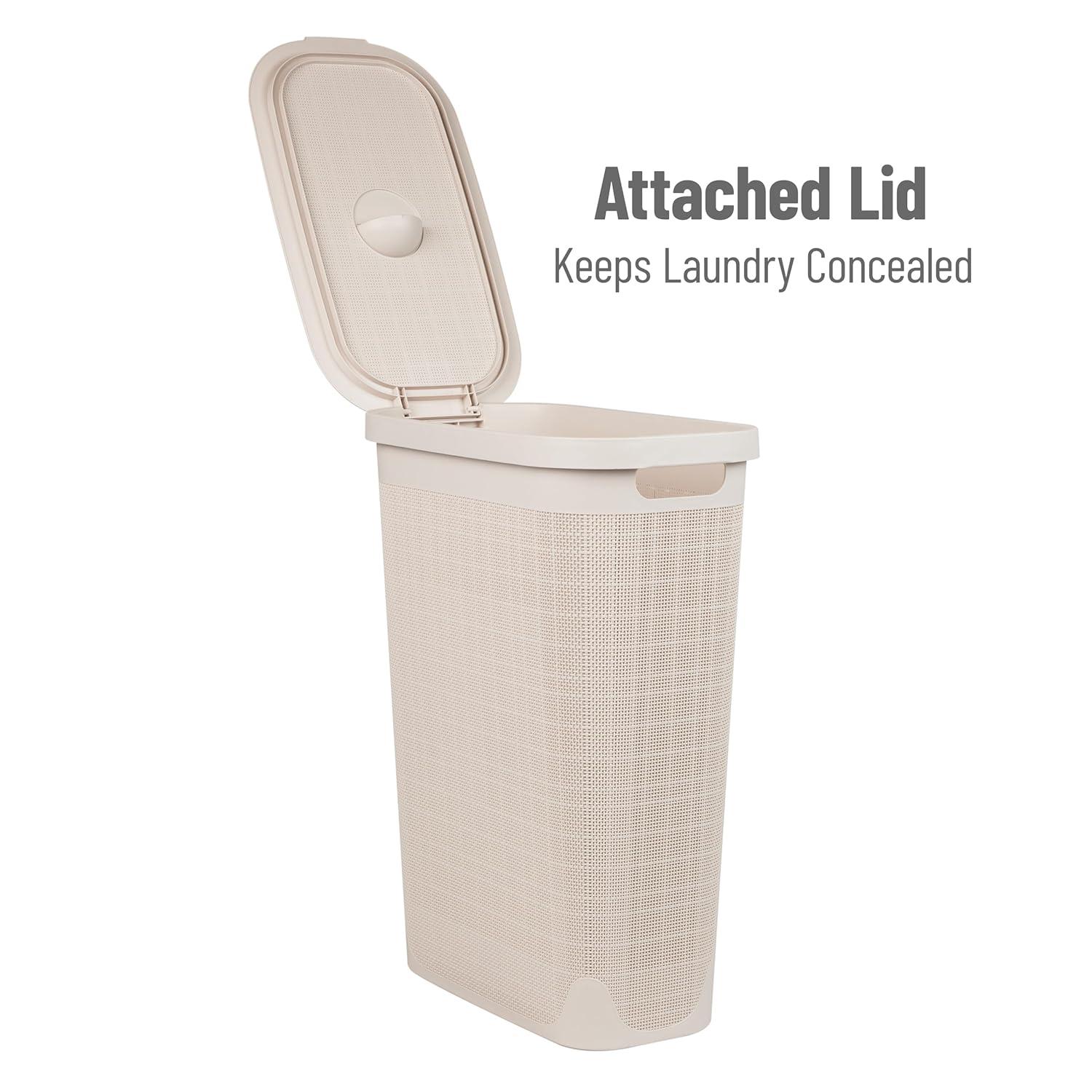 imageMind Reader Slim Laundry Hamper with Lid 40L Clothes Basket Linen Design Plastic BlackIvory