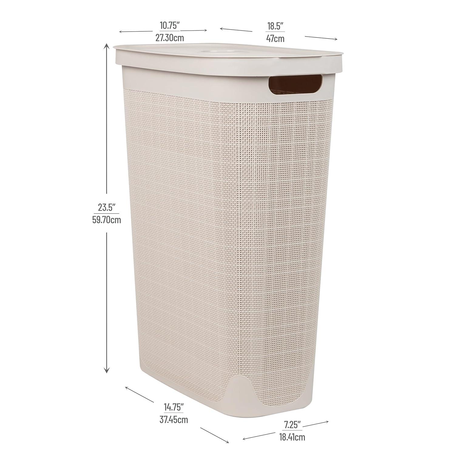 imageMind Reader Slim Laundry Hamper with Lid 40L Clothes Basket Linen Design Plastic BlackIvory