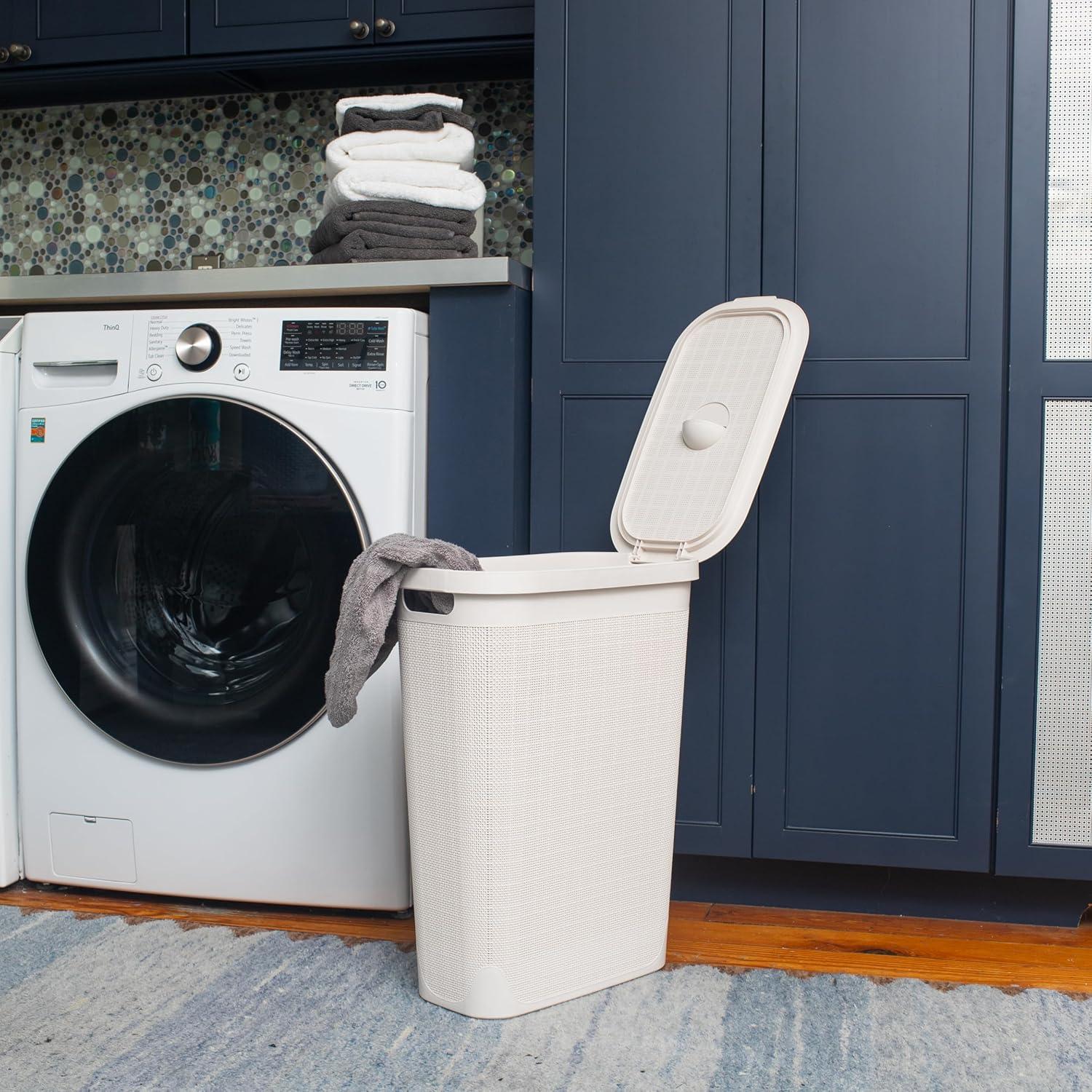 imageMind Reader Slim Laundry Hamper with Lid 40L Clothes Basket Linen Design Plastic BlackIvory