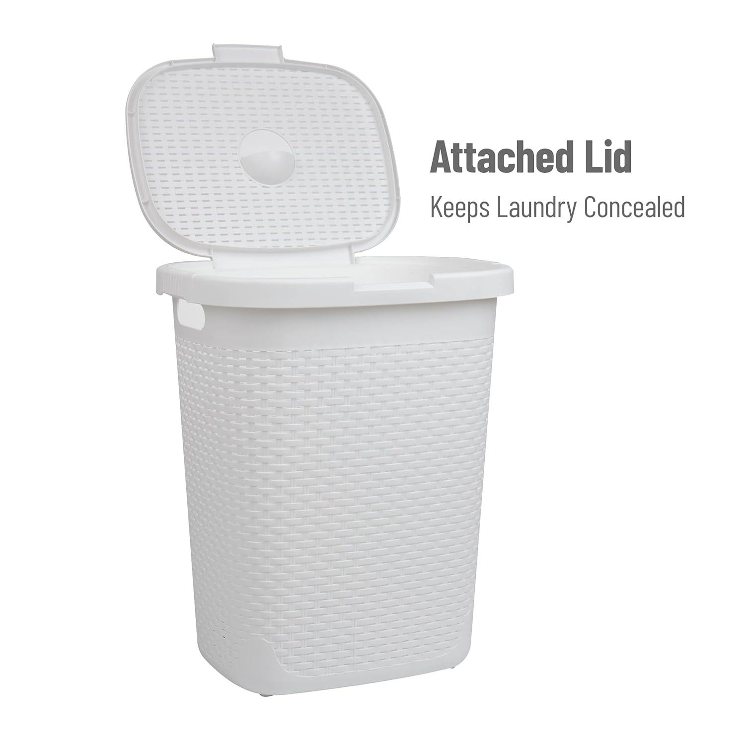 imageMind Reader Slim Laundry Hamper with Lid 50L Clothes Basket Premium Wicker Design Plastic BlackWhite