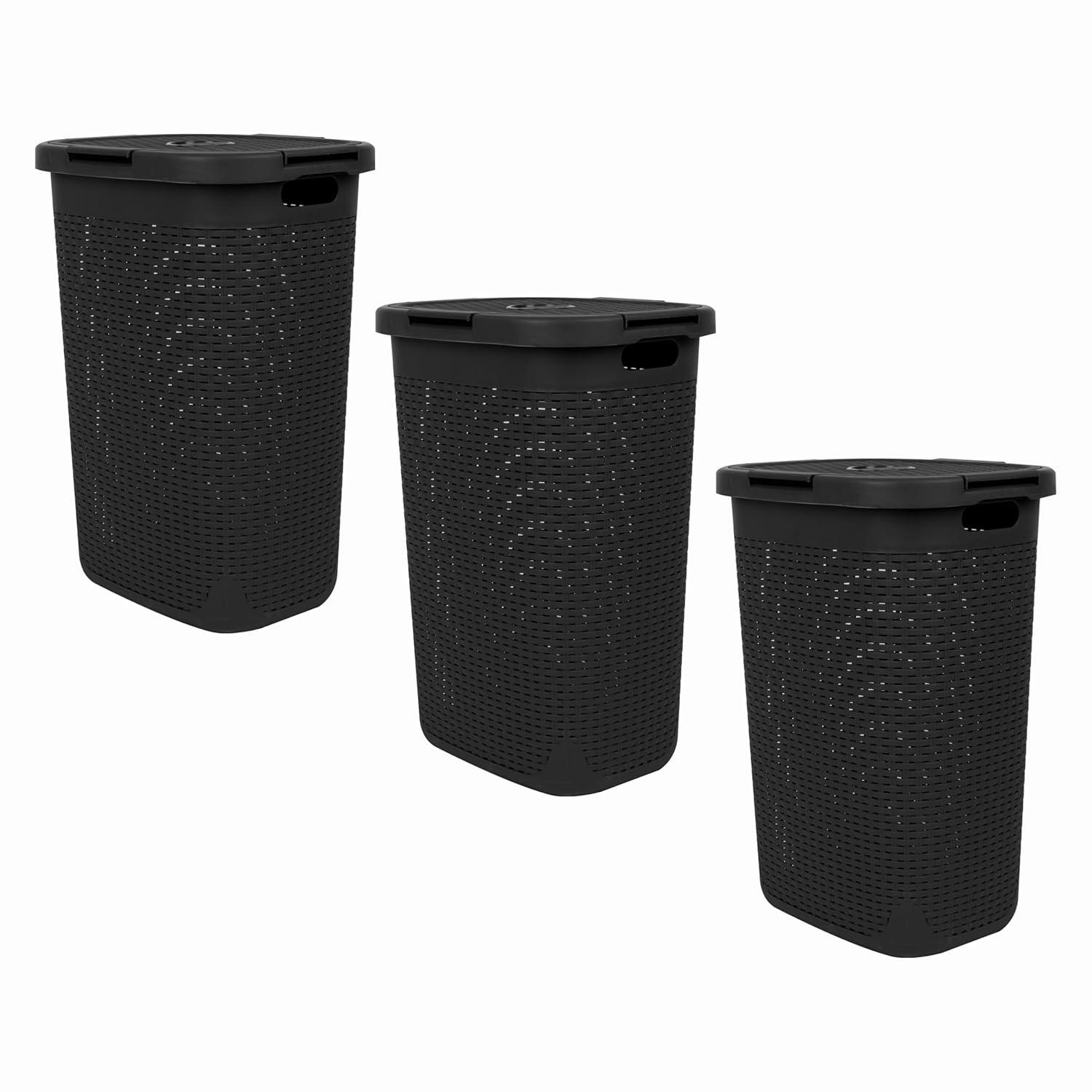 imageMind Reader Slim Laundry Hamper with Lid 60L Clothes Baskets Premium Wicker Design Plastic 3Pack IvoryBlack