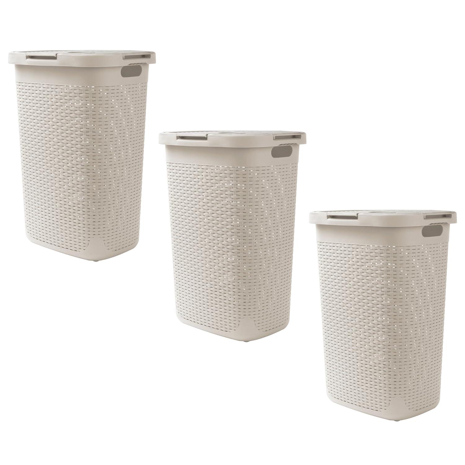 imageMind Reader Slim Laundry Hamper with Lid 60L Clothes Baskets Premium Wicker Design Plastic 3Pack IvoryIvory