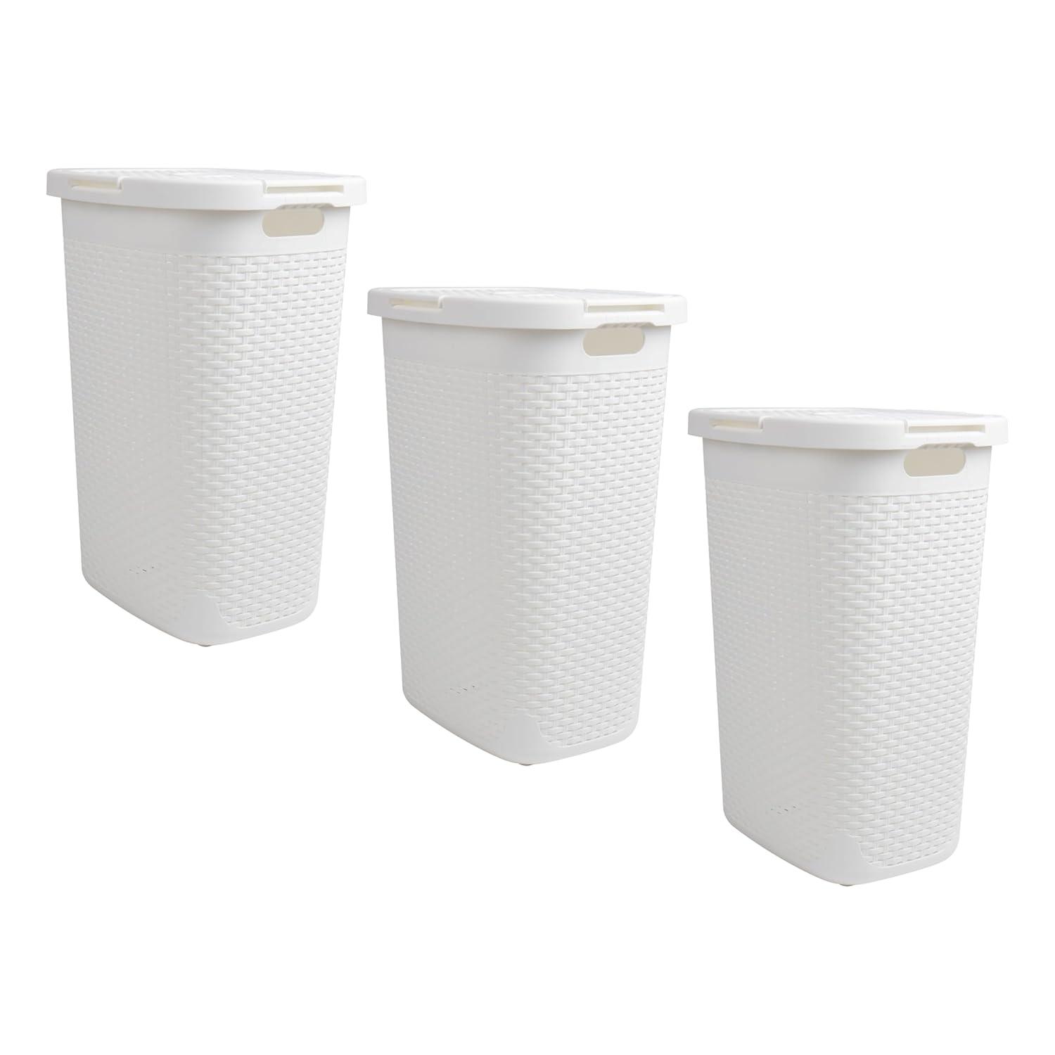 imageMind Reader Slim Laundry Hamper with Lid 60L Clothes Baskets Premium Wicker Design Plastic 3Pack IvoryWhite