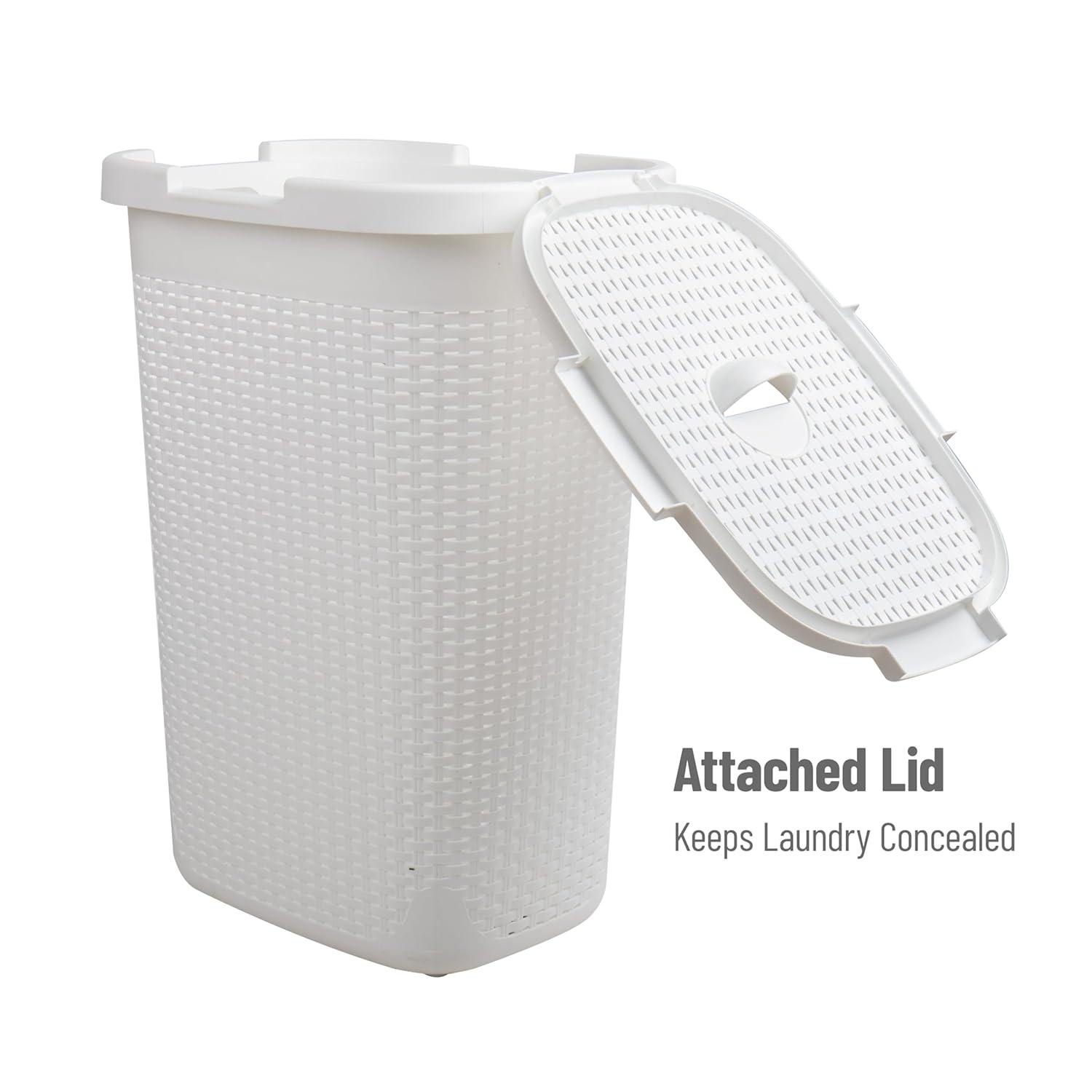 imageMind Reader Slim Laundry Hamper with Lid 60L Clothes Baskets Premium Wicker Design Plastic 3Pack IvoryWhite