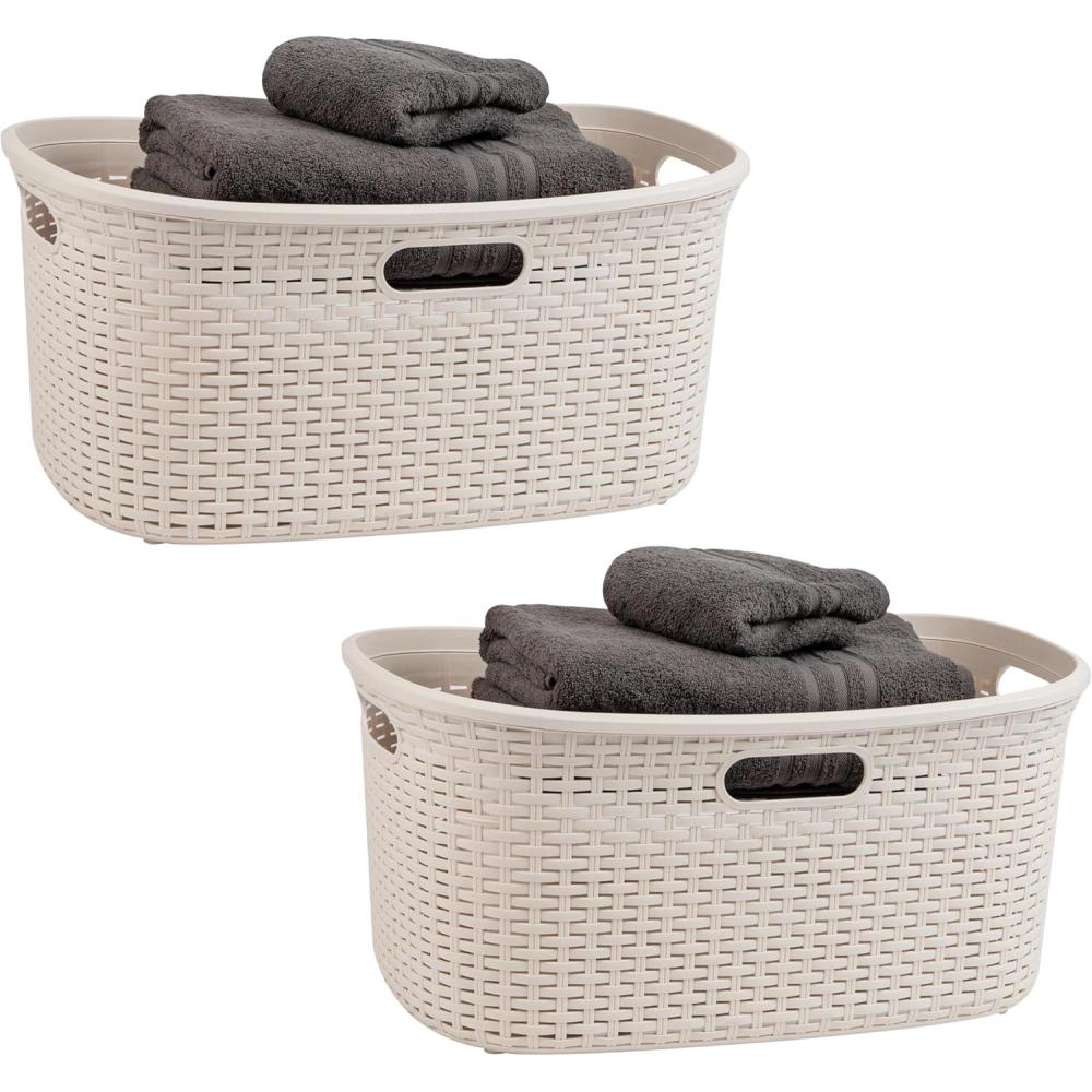 imageMind Reader 40L Laundry Basket Clothes Hamper Premium Wicker Design Plastic Set of 2 BlackIvory