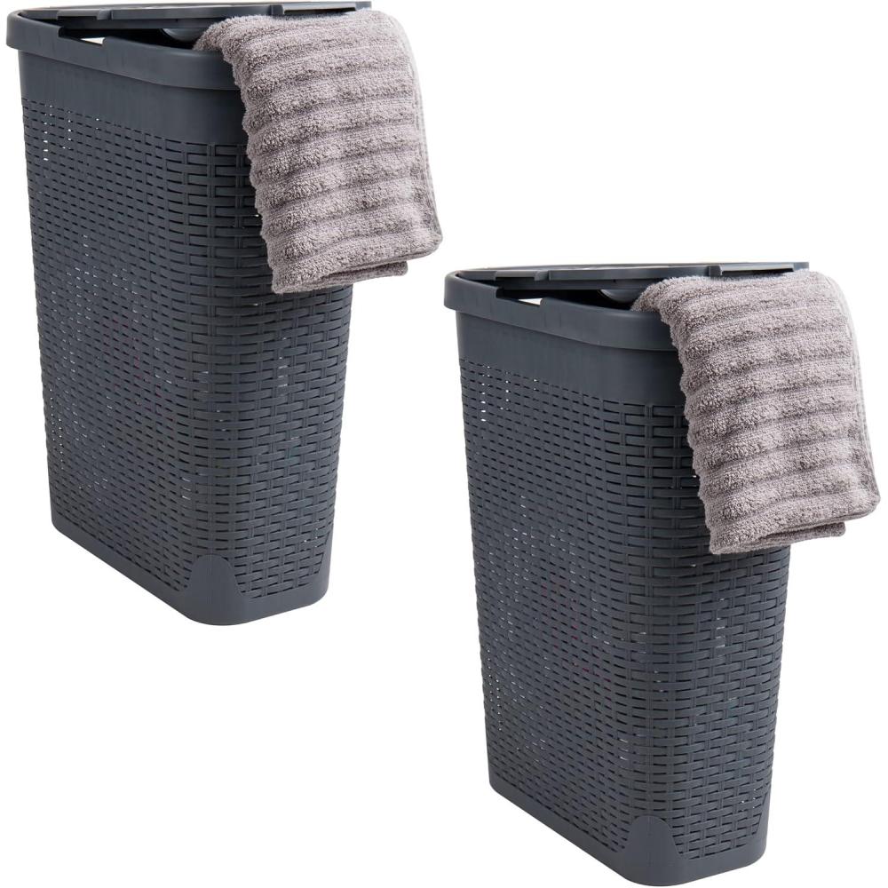 imageMind Reader 40L Slim Laundry Hamper Clothes Basket Lid Wicker Design Plastic 18L x 104W x 235H Set of 2 Gray