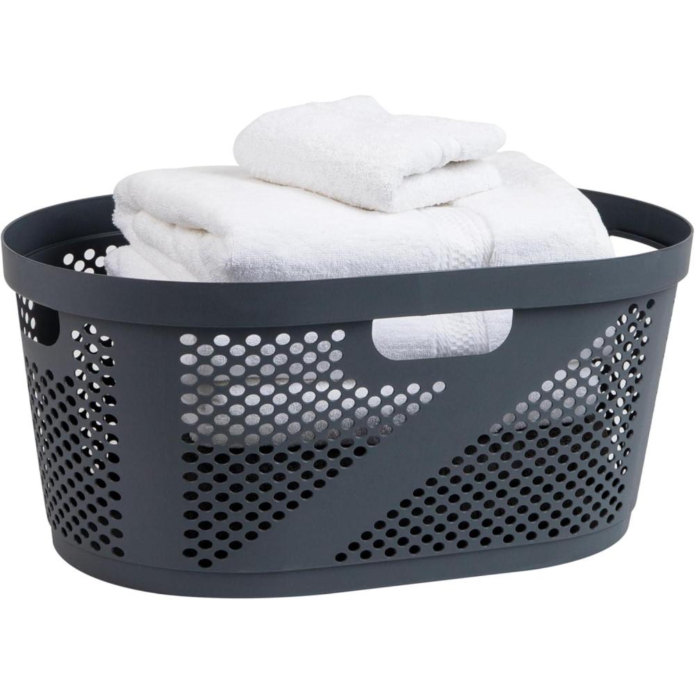 imageMind Reader 40L Ventilated Laundry Baskets Lightweight Clothes Hamper with Cutout Handles for Bathrooms and Closets Plastic Set of 2 WhiteGray