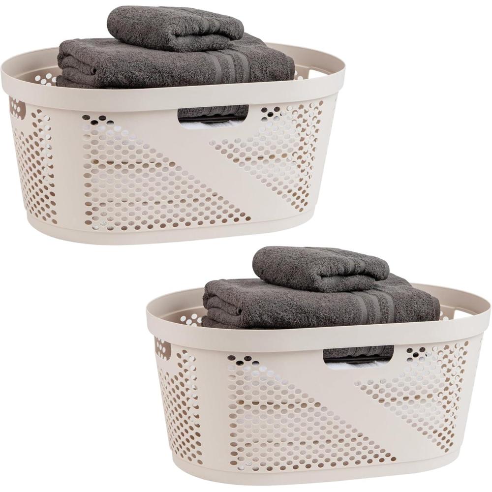 imageMind Reader 40L Ventilated Laundry Baskets Lightweight Clothes Hamper with Cutout Handles for Bathrooms and Closets Plastic Set of 2 WhiteIvory
