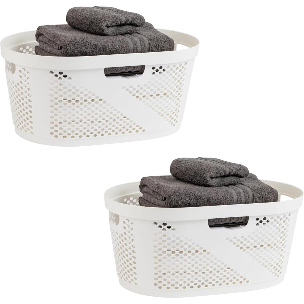 imageMind Reader 40L Ventilated Laundry Baskets Lightweight Clothes Hamper with Cutout Handles for Bathrooms and Closets Plastic Set of 2 WhiteWhite
