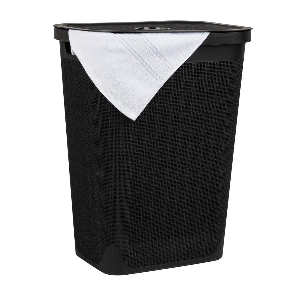 imageMind Reader 60L Slim Laundry Hamper Clothes Basket Lid Linen Design Plastic IvoryBlack
