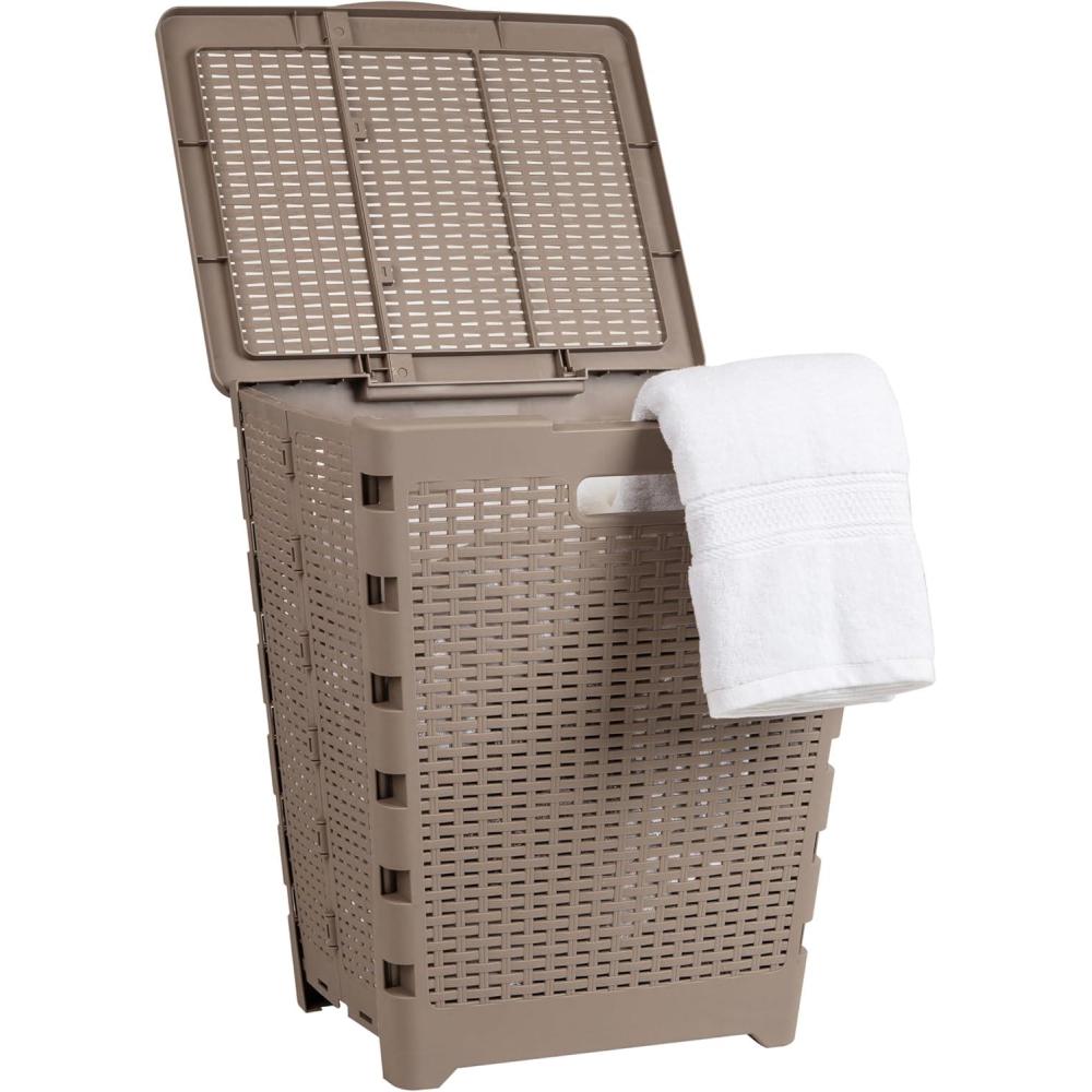 imageMind Reader 61L Foldable Laundry Hamper Clothes Basket Lid Wicker Design Plastic 18L x 145W x 2125H TanTan
