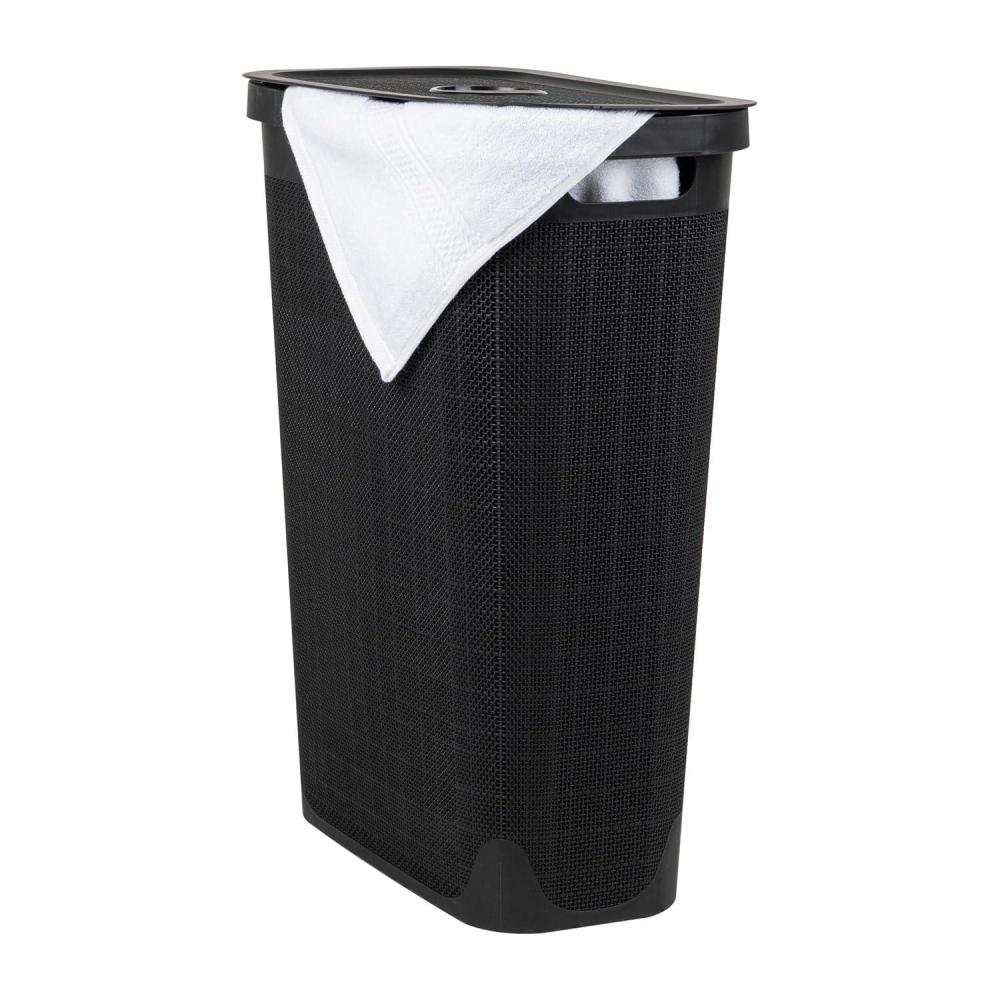 imageMind Reader Slim Laundry Hamper with Lid 40L Clothes Basket Linen Design Plastic BlackBlack