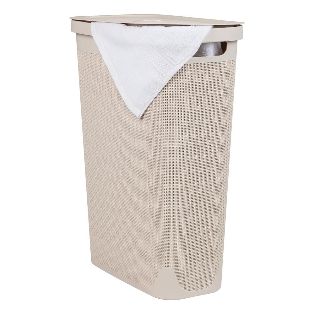 imageMind Reader Slim Laundry Hamper with Lid 40L Clothes Basket Linen Design Plastic BlackIvory