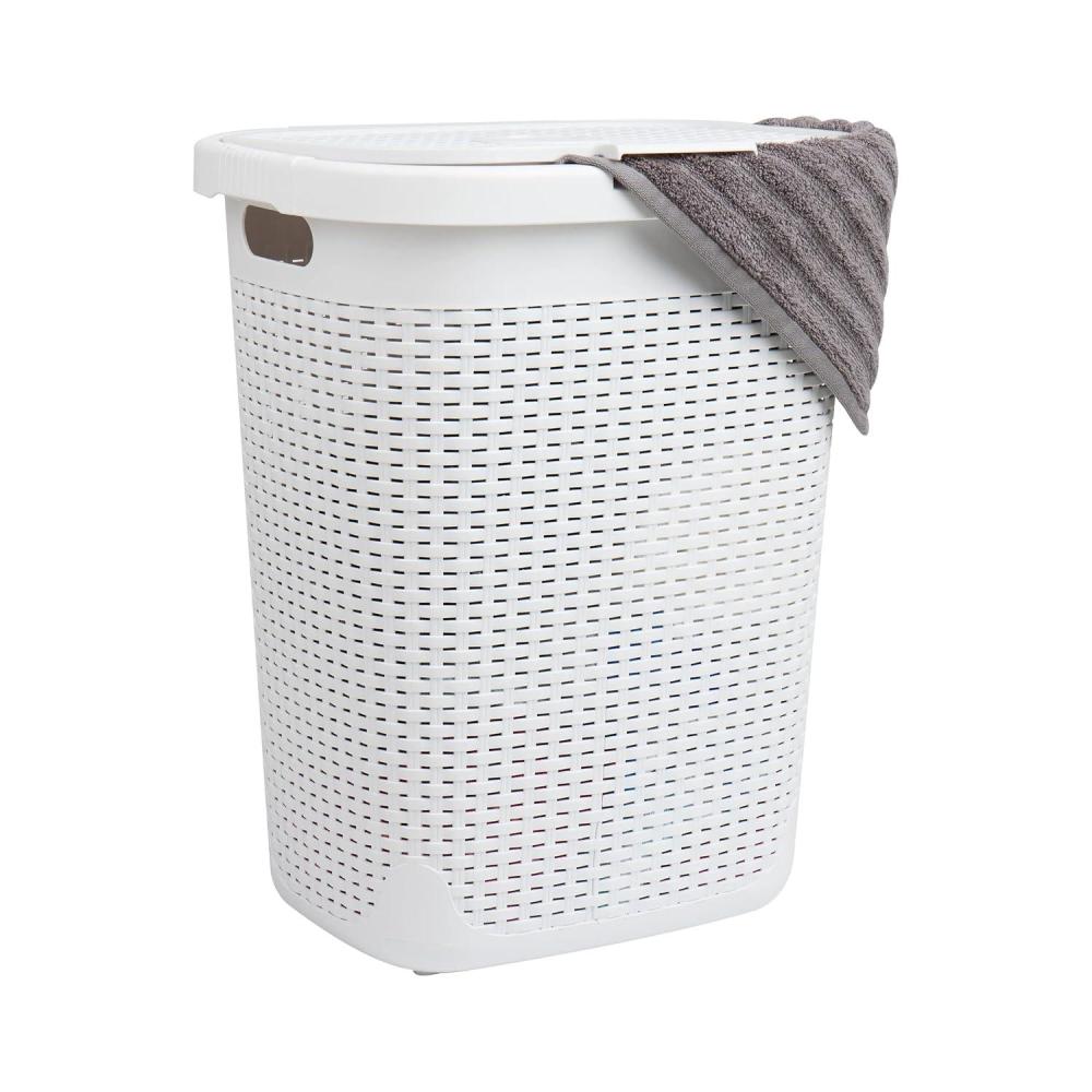 imageMind Reader Slim Laundry Hamper with Lid 50L Clothes Basket Premium Wicker Design Plastic BlackWhite
