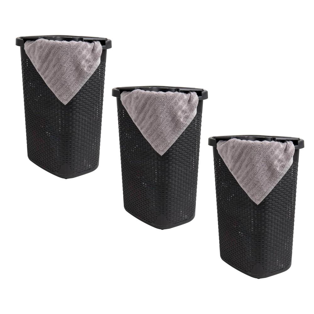imageMind Reader Slim Laundry Hamper with Lid 60L Clothes Baskets Premium Wicker Design Plastic 3Pack IvoryBlack