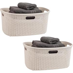 Mind Reader 40L Laundry Basket, Clothes Hamper, Premium Wicker Design, Plastic, Set of 2, Black(Ivory)