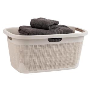 Mind Reader 40L Laundry Basket, Linen Design Clothes Hamper, Plastic Storage Bin with Handles, Black(Ivory)