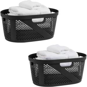 Mind Reader 40L Ventilated Laundry Baskets, Lightweight Clothes Hamper with Cutout Handles for Bathrooms and Closets, Plastic, Set of 2, White(Black)