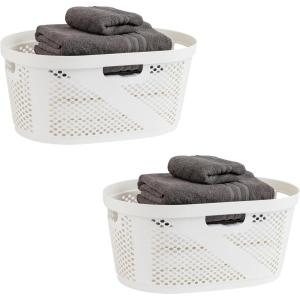Mind Reader 40L Ventilated Laundry Baskets, Lightweight Clothes Hamper with Cutout Handles for Bathrooms and Closets, Plastic, Set of 2, White(White)