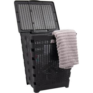 Mind Reader 61L Foldable Laundry Hamper, Clothes Basket, Lid, Wicker Design, Plastic, 18″L x 14.5″W x 21.25″H, Tan(Black)