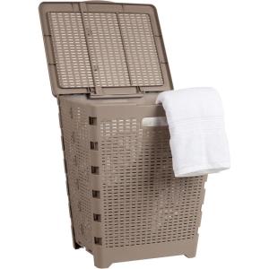 Mind Reader 61L Foldable Laundry Hamper, Clothes Basket, Lid, Wicker Design, Plastic, 18″L x 14.5″W x 21.25″H, Tan(Tan)