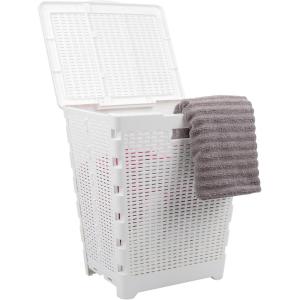 Mind Reader 61L Foldable Laundry Hamper, Clothes Basket, Lid, Wicker Design, Plastic, 18″L x 14.5″W x 21.25″H, Tan(White)