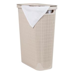 Mind Reader Slim Laundry Hamper with Lid, 40L Clothes Basket, Linen Design, Plastic, Black(Ivory)