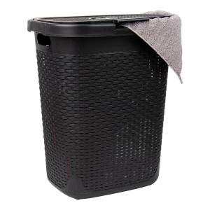 Mind Reader Slim Laundry Hamper with Lid, 50L Clothes Basket, Premium Wicker Design, Plastic, Black(Black)