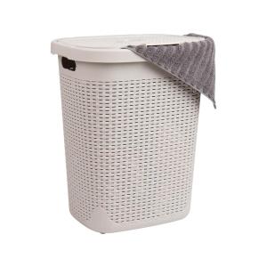 Mind Reader Slim Laundry Hamper with Lid, 50L Clothes Basket, Premium Wicker Design, Plastic, Black(Ivory)